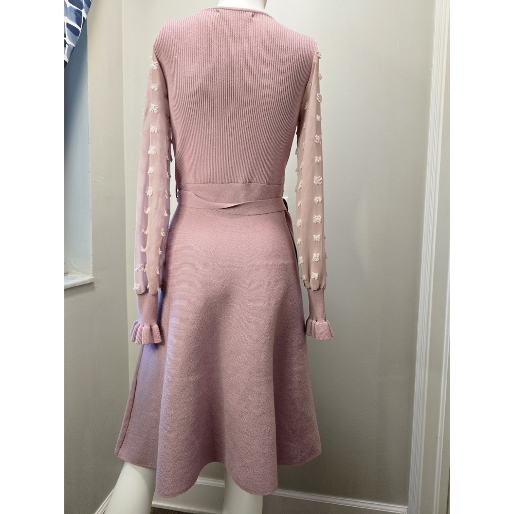 Chicwish Wrap Knit Dress Blush Pink Long Sleeve Dot Mesh Sleeve Fit & Flare M - Picture 6 of 11